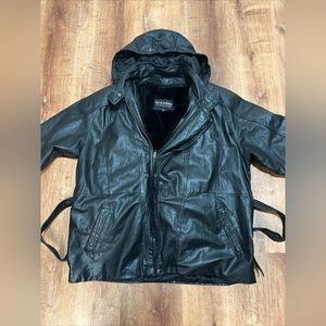 Wilson's Leather Men's Black Heavy Leather Hooded Sherpa Lined Car Coat Sz Large